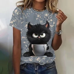 Camiseta feminina casual de manga curta, estampa 3D para gatos, moda streetwear, pulôver gola redonda, roupas femininas extragrandes, verão