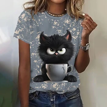 夏の女性の Tシャツカジュアル半袖 3d 猫プリント Tシャツファッションストリートクルーネックプルオーバー特大女性服
