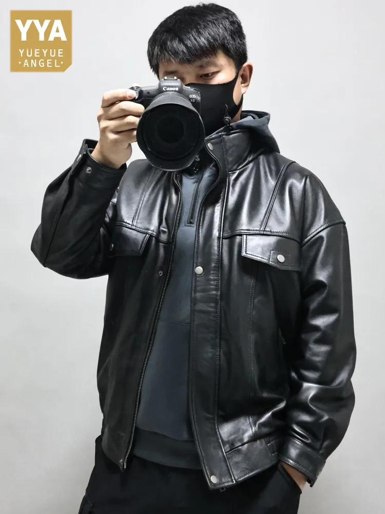 

Мужская кожаная куртка из натуральной овчины в стиле панк-стритвир, свободного кроя, для весны и осени, повседневная, в стиле пилот, с воротником-стойкой, мотоциклетная куртка