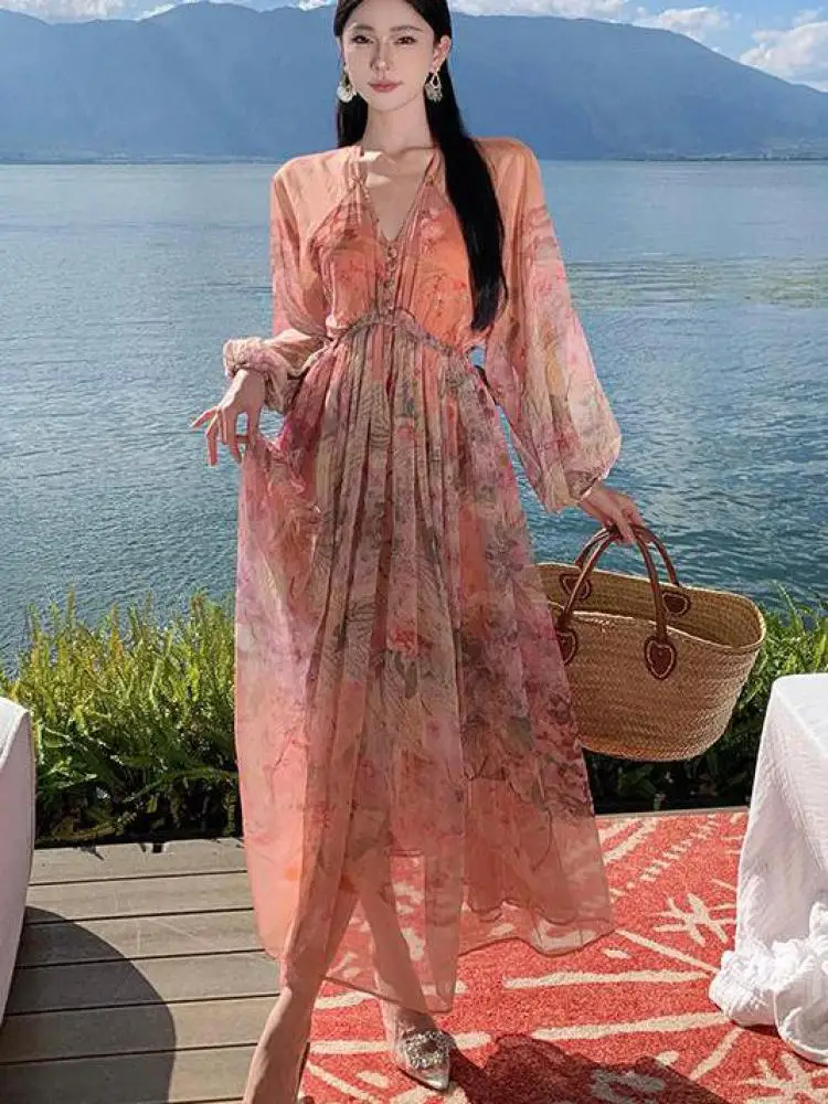 2024 Sping Autumn Bohemian Women Pink Floral V-neck Lantern Long Sleeve Waist Dress Romantic Retro High Quality