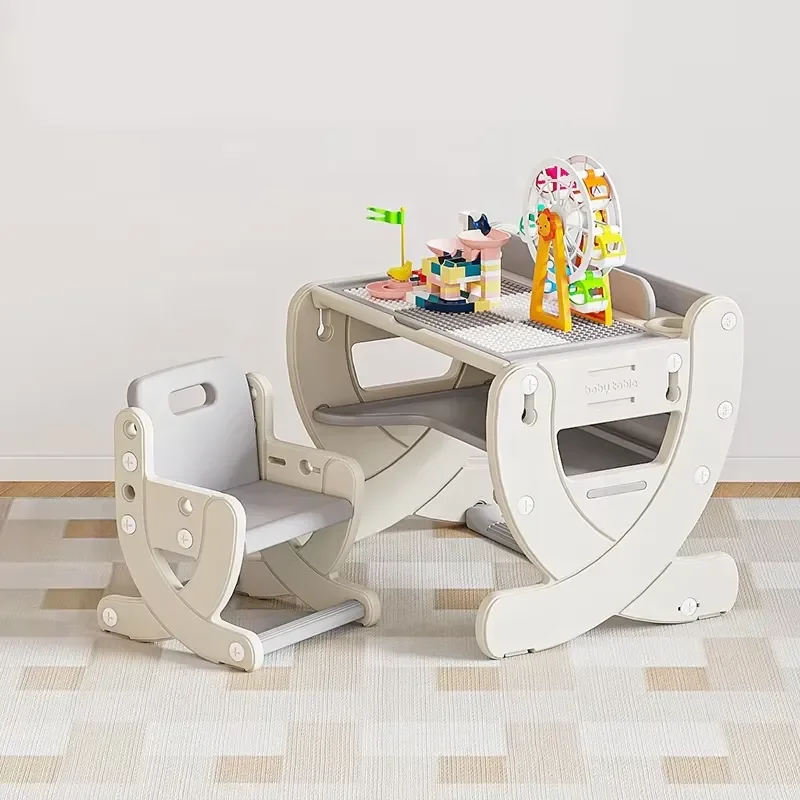 Plastic height adjustable multi-functional children's building block activity table with drawing board