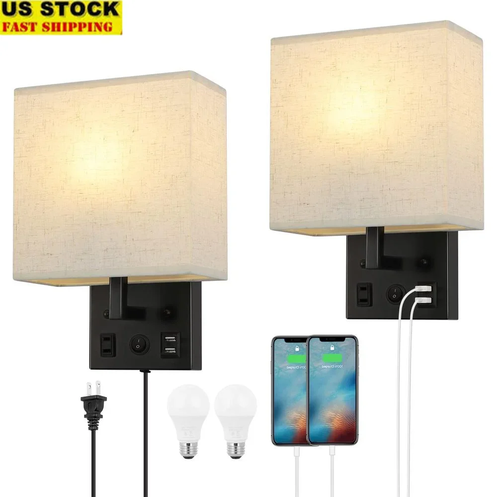 Dual USB and AC Outlet Wall Lamps Set of 2 Plug in Sconces Bedroom Living Room Nightstand Lighting