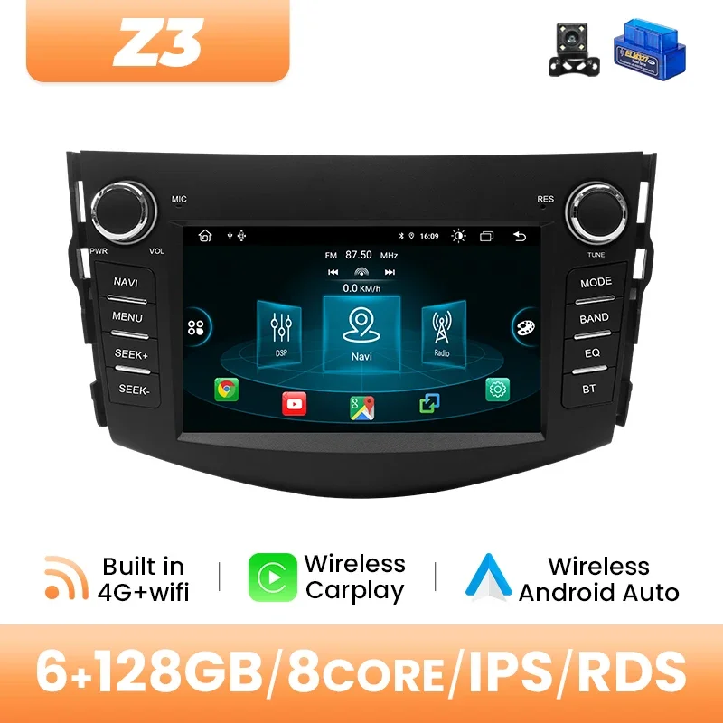 Android 14 autoradio voor Toyota RAV4 2006-2012, draadloze CarPlay, 4G Wifi, 8+128GB, GPS navigatie, DSP, RDS, plug-and-play