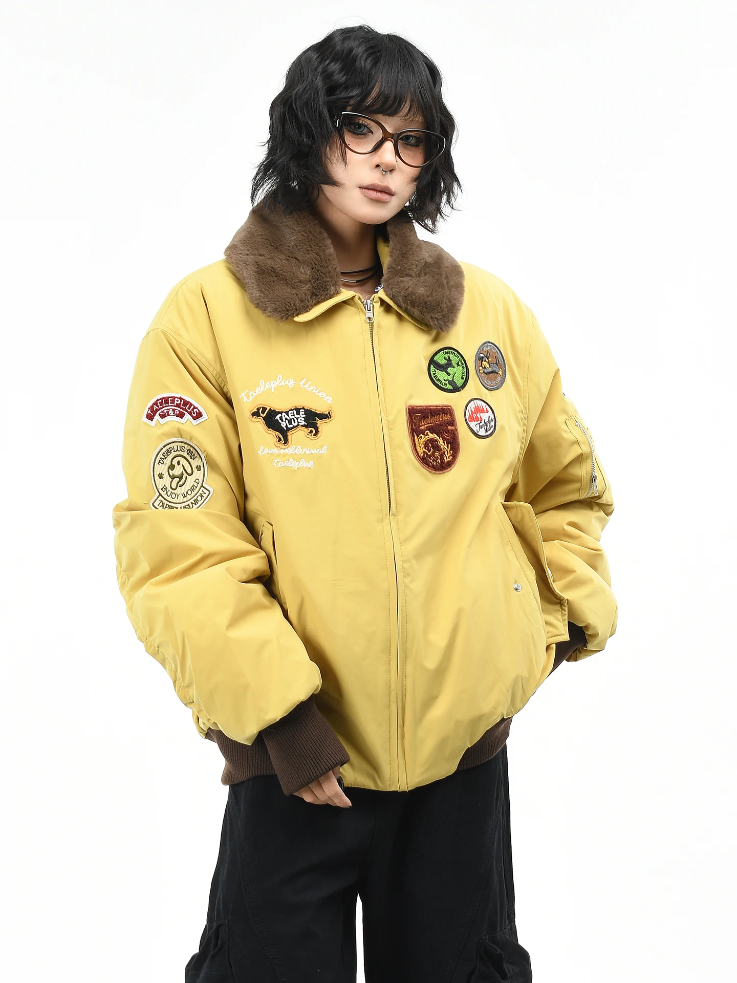 

Оригинальная американская ретро-куртка OV с вышивкой, свободного кроя, с меховым воротником, рабочая хлопковая куртка для женщин, зимняя верхняя одежда