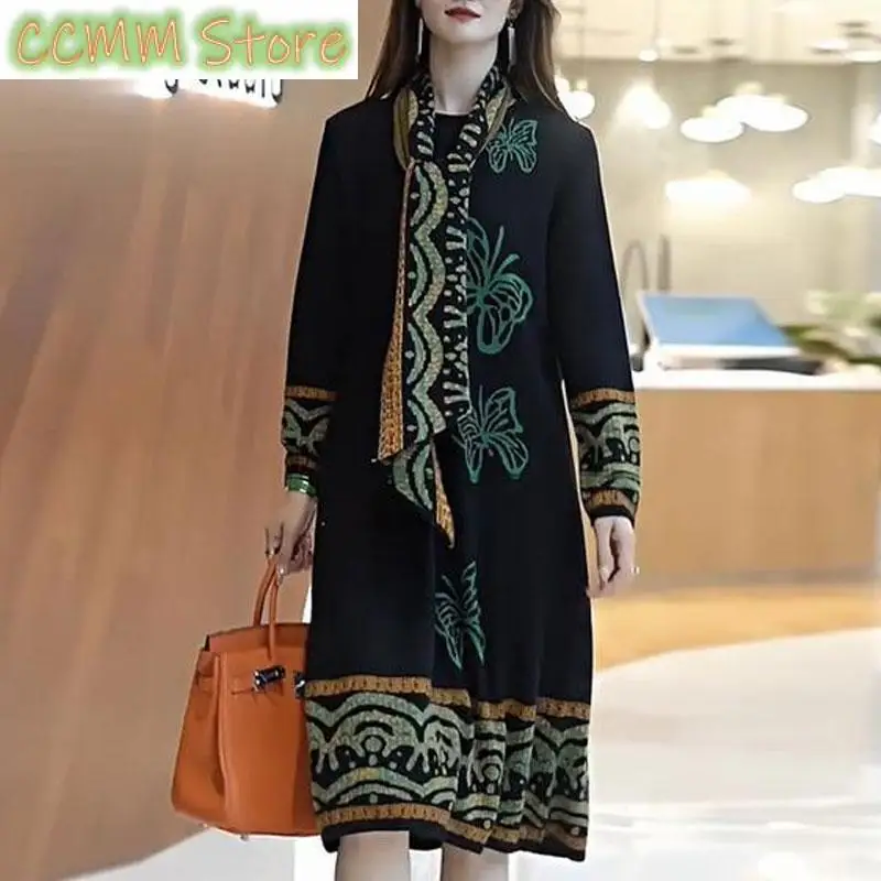 

Fashion Vintage Printed Folk Dresses Autumn Winter Casual Scarf Female Clothing Commute O-Neck Loose A-Line Knitted Midi Dress