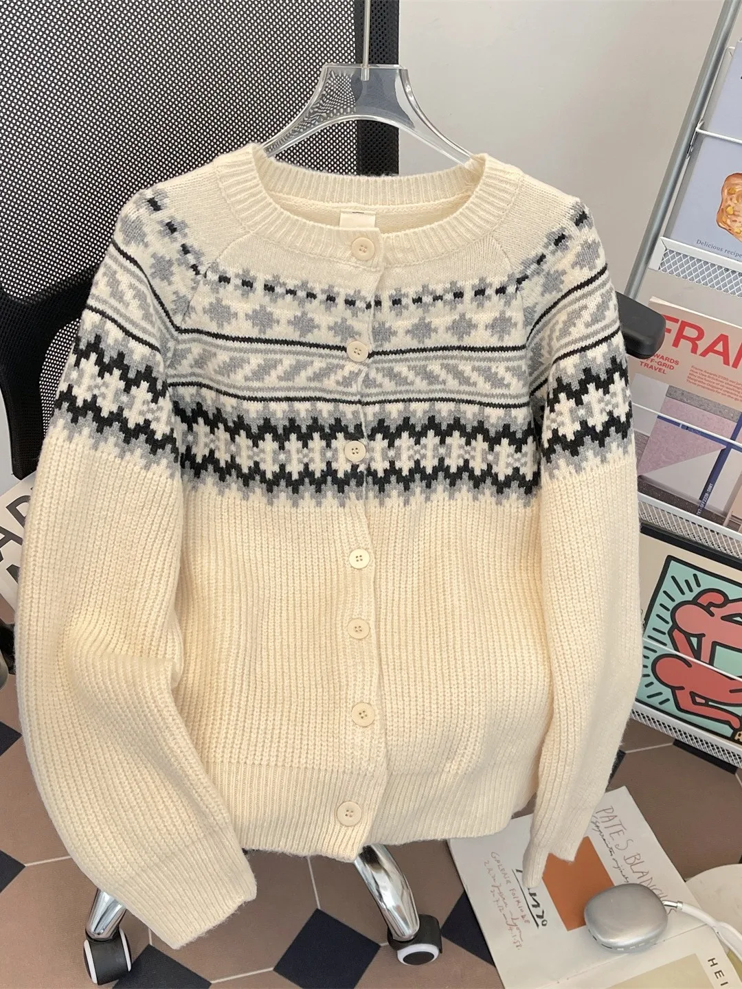 

American Sle Fair Isle Knitted Cardigan round Ne Open Front Casual Loose Fit Vintage Leisure Sweater Coat for Men And Women