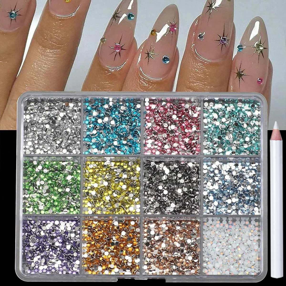 6000PCS 12 Colors Flatback Resin Rhinestones for Nail Art with Wax Pencil, Multicolor AB 2mm Nail Gems and 3D Nail Charms