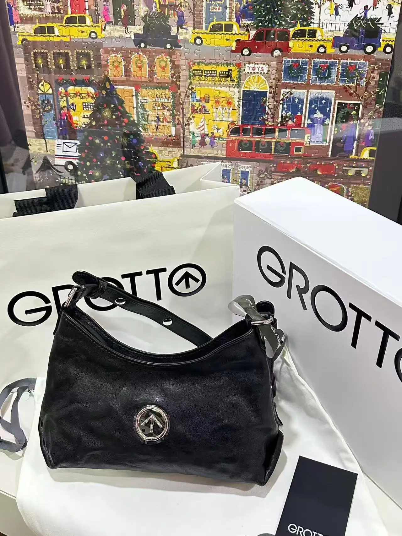 

GROTTO Classic Hobo Black Stone Fold Large Capacity Shoulder Bag, Women's Crossbody Bag, Business Banquet Bag