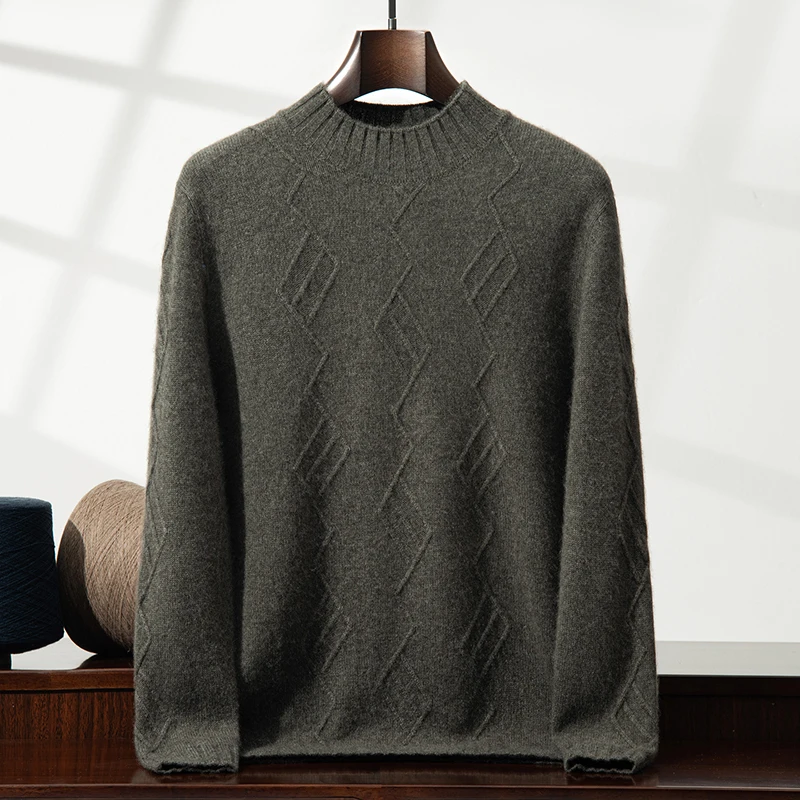 سترة كشمير نقية 100% سميكة مزدوجة للرجال، قميص قاعدة فضفاض محبوك بنصف الياقة المدورة، سترة بلون موحد