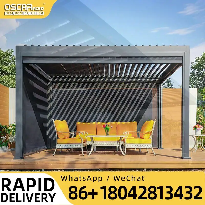 Easily Assembled Outdoor Windproof 3x4 Glass Pergola with Remote Control Motor Bioclimatic Shade Structure for Garden Patio Back