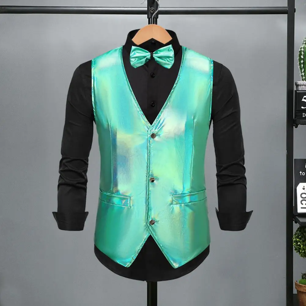 

Men Single-breasted Vest Retro Disco Men's Vest Bow Tie Set for Groom Wedding Party Glossy V Neck Waistcoat with Adjustable Back