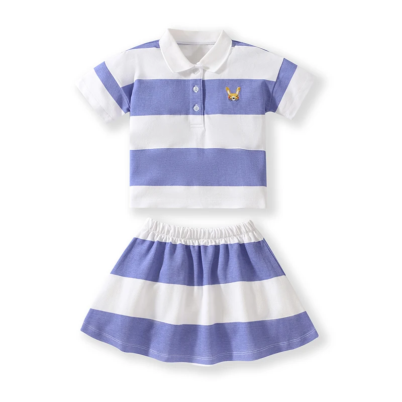 Little maven Girls Polo Neck Skirt Sets Casual Striped White Blue Summer Kids Girls Clothes Set Girls Boutique Outfits Cotton