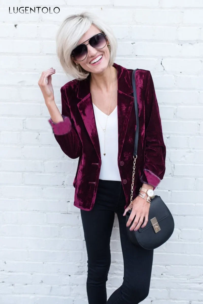 Women Casual Blazer Fall 2024 New Solid Color Velvet Cardigan Jacket Fashion V-Neck Slim Fit Tops Elegant Office Party Wear