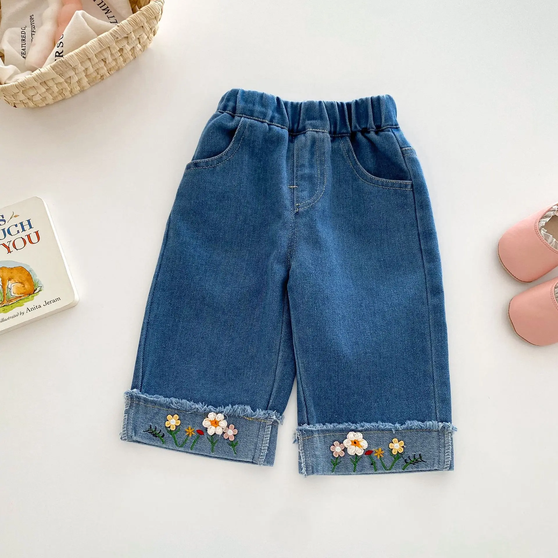 MILANCEL New Girls Jeans 0-5Y 2024 Autumn Cute Embroider Floral Denim Trousers Children's Baby Loose Straight-leg Pants