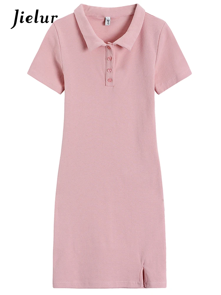 Jielur Novo Polo Cor Pura Dividir Vestido Feminino Casual Senhoras Do Escritório Apertado Hip Fino Cintura Light Stretch Verão Vestidos das Mulheres