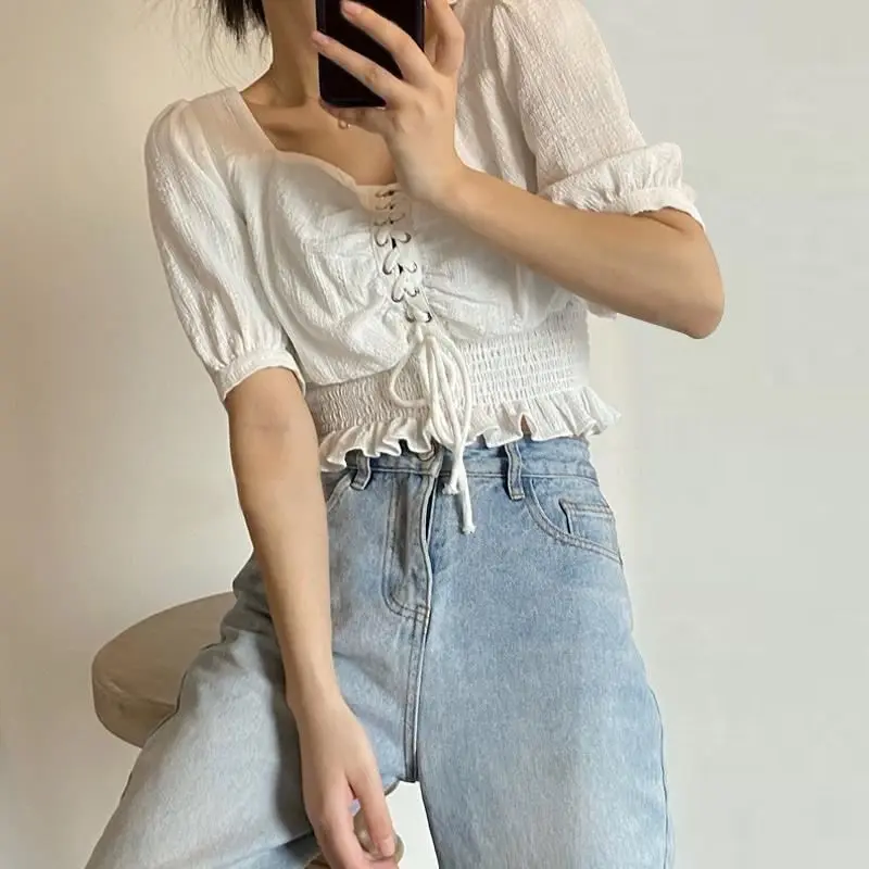 Temperament Drawstring Short Shirt Tops Summer New Short Sleeve Solid Color Pleated T Shirt Tops Sweet Fashion Women Clothing