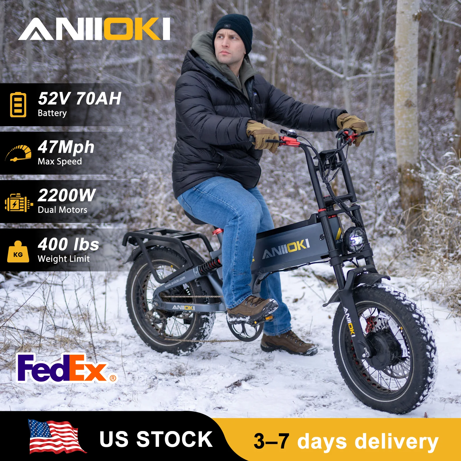 

Электровелосипед ANIIOKI с двумя моторами, 52В 70Ач 5400Вт, с увеличенным запасом хода, скорость до 75 км/ч, модель A8 Pro Max AWD, с широкими шинами 20"*4"
