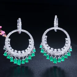 CWWZircons Fashion Big Round Ethnic Dangling Long Hoop Earrings for Women Green Clear CZ Wedding Dress Accessories CZ143