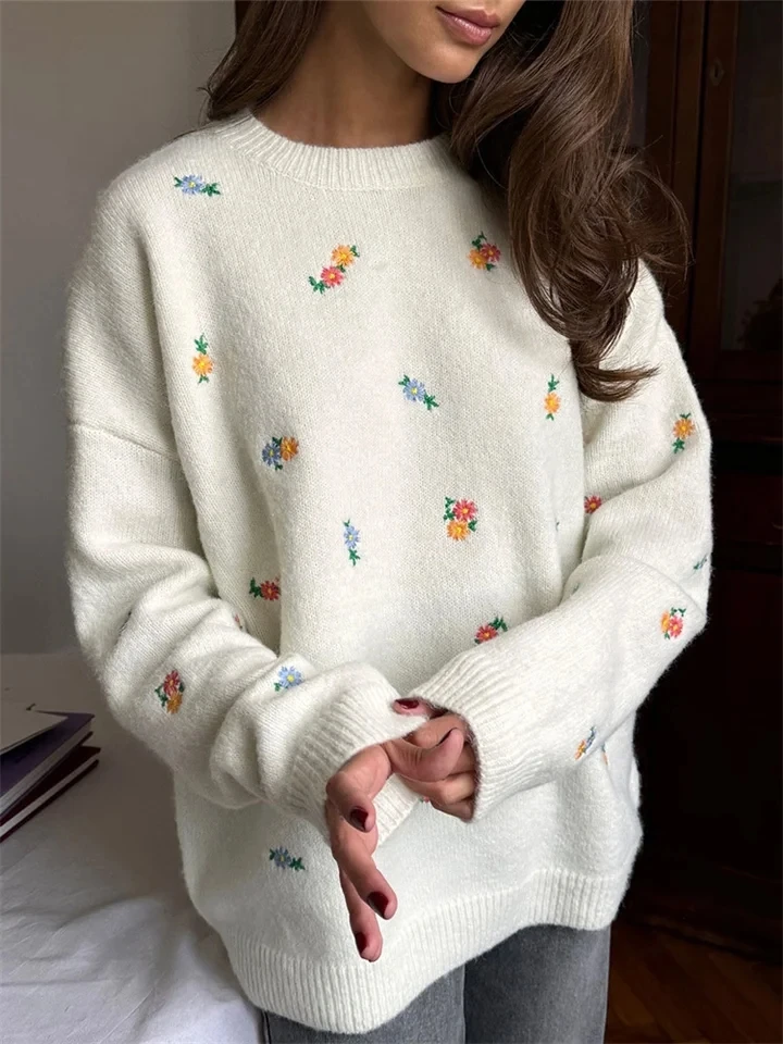 

Printed Knitted Pullover Sweater Womens Long Sleeve Contrast High Waist Elegant Loose Top Female Knitwear Sweater New