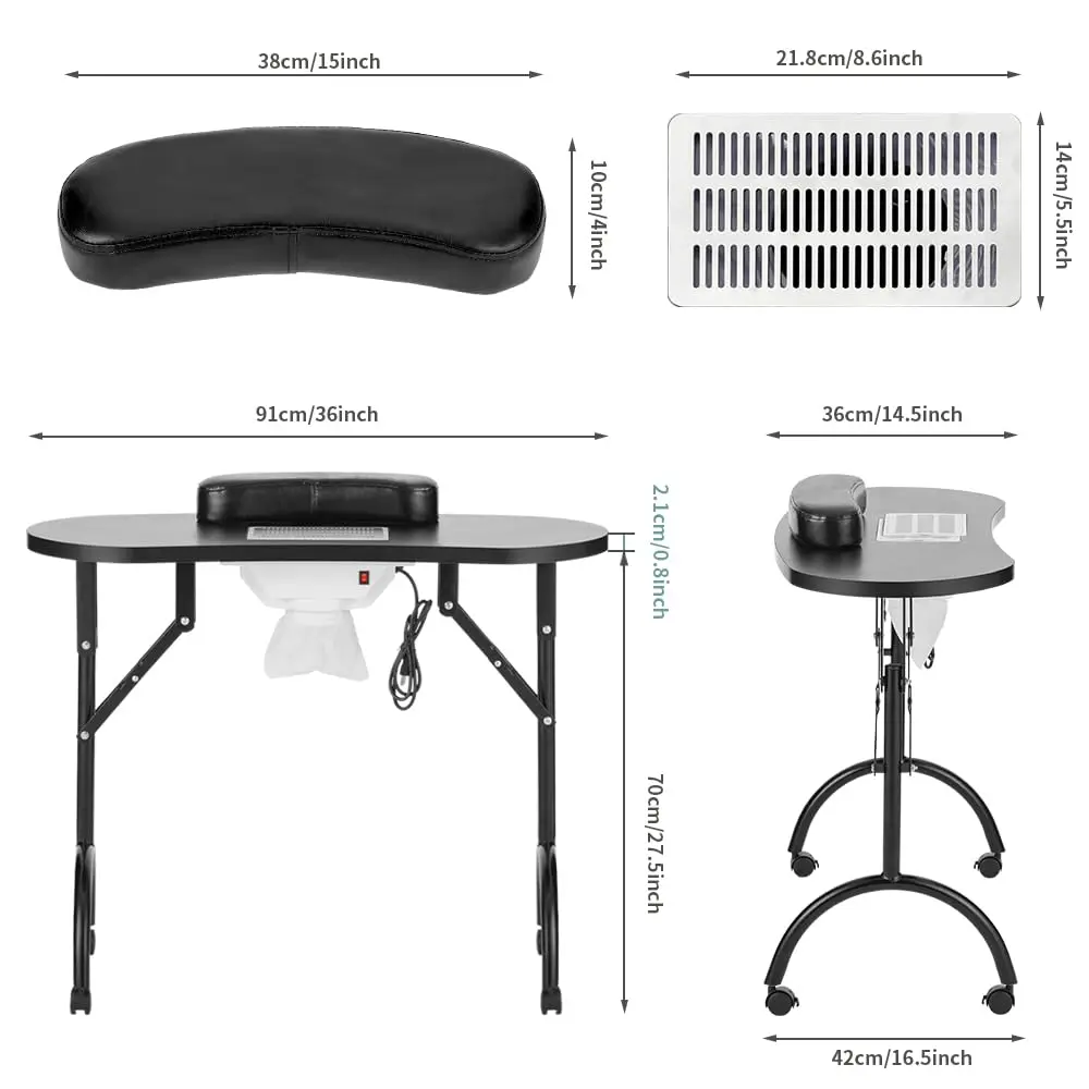 Professional Folding Portable Vented Beauty Manicure Table Nail Desk Salon Spa with Fan &Bag (35''x 16''x 28'') (Black)