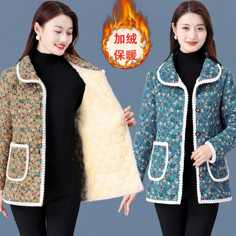 New Winter Cashmere Warm Padded Jacket Middle-Aged Women's Down Cotton Coat Printed Outerwear Casual Female Parker Overcoat 5XL