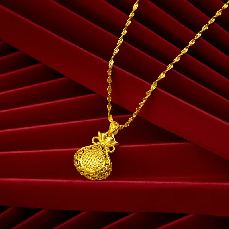 

9999 Real Gold 24K Vintage Hollow Silk Lucky Bag Pendant Pure Gold Silk Fortune Money Bag Ladies Clavicle Necklace