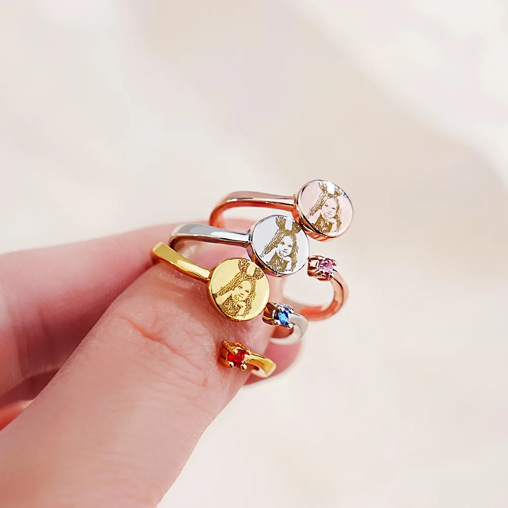 

Personalized Photo & Birthstone Ring - Custom Engraved Memorial Jewelry, Couple Gift, Birthday Gift
