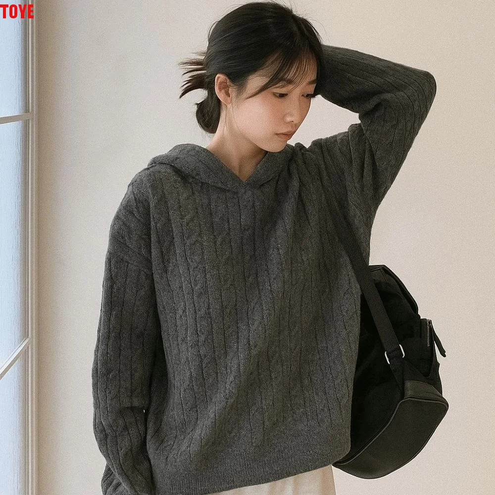 

Aesthetic Long Sleeve Knitted Hoodies Pullover Loose Hooded Sweatshirts Simple Casual Hooded Knitted Sweater School Student