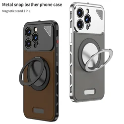 Magnetic Metal Snap Leather Phone Case For Iphone 13 14 15 Pro Max 360° Rotating Stand Hollow Frame Luxury Aluminum Phone Cover