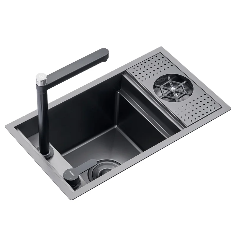 

Handmade 304 Stainless Steel Nano Surface Smart Gery Kitchen Sink 75x45 Single Bowl Digital Waterfall Faucet Two High-Tech