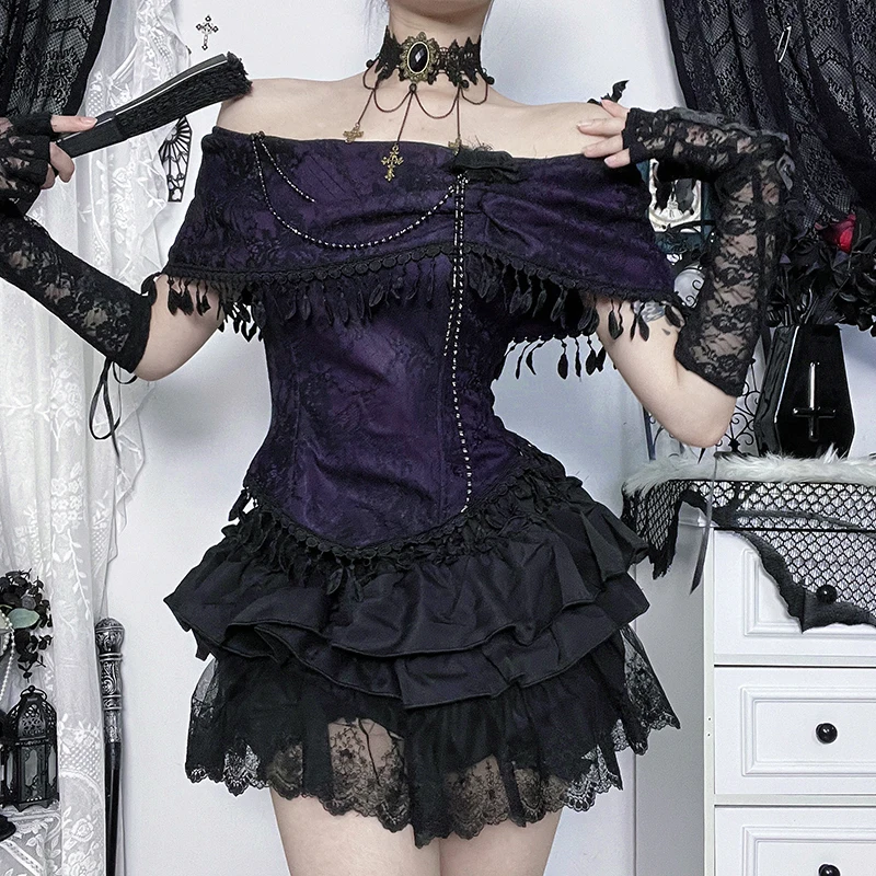 القوطية خارج الكتف الساخن فتاة المرأة الأعلى 2025 الخريف الشتاء جديد أسود تنوعا الحلو كول مثير منتفخ نصف التنانير دعوى Adies #5