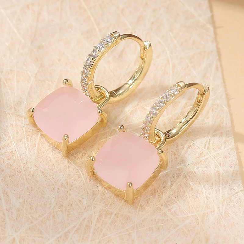 Klassische Glänzende Quadratische Rosa Zirkonia-Ohrringe für Damen, Trendige Verlobungs-Ohrringe, Niedliche Romantische Tropfen-Ohrringe, Charm-Schmuckgeschenk