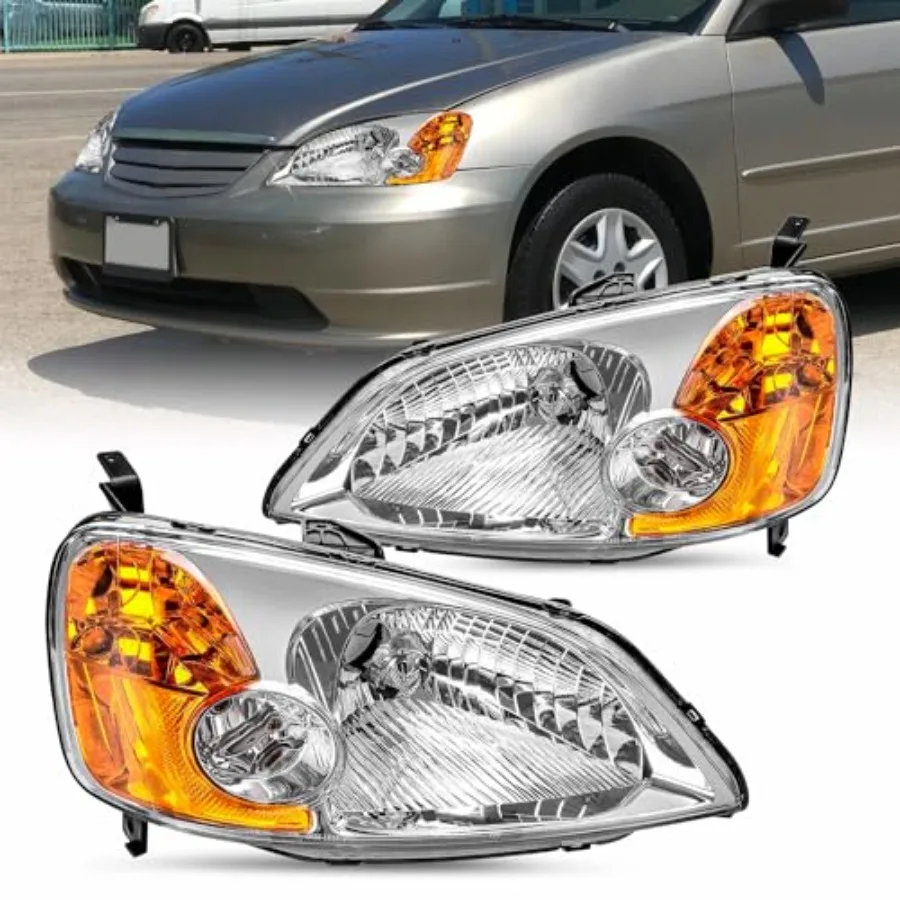 

Headlight Assembly Pair for 2001 2002 2003 Honda Civic 2/4 Door Headlamp Replacement with Chrome Housing and Amber Reflector