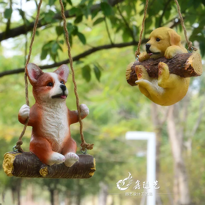 Resin Handicrafts Swinging on a Swing Cute Puppies Design including Labrador Teddy Corgi Border Collie Decoration Sculpture