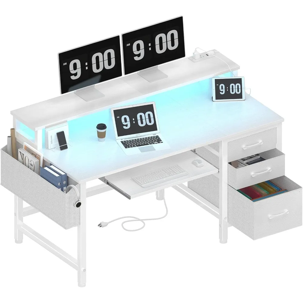 

White Computer Desk with File Drawers Cabinet, 47 Inch Home Office Desks with Keyboard Tray, Gaming Desk with LED Lights and Po
