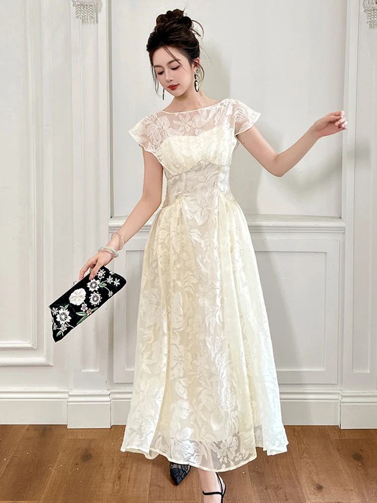 Women's Elegant Celebrity Floral Sheer Long Dress Lady-like Fairycore Pockets Swing Robe Female Party Holiday Vestidos Mujer