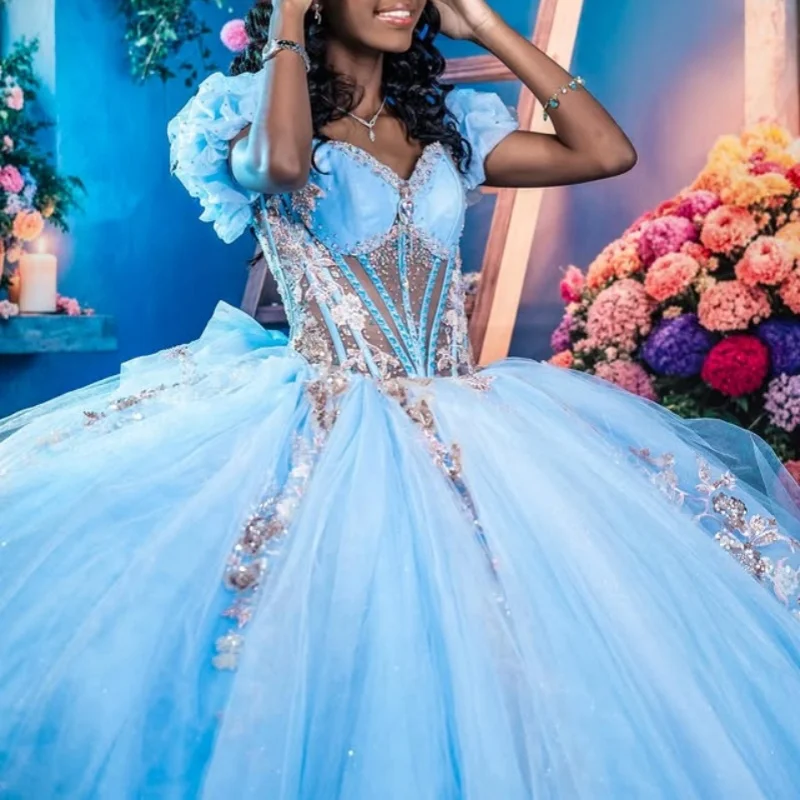 

sky blue Off Shoulder Quinceanera Dress sequin applique crystal Tull Lace 3D flower vestidos de 15 Quinceanera ﻿Customized