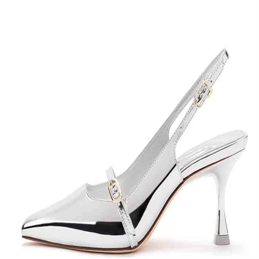 

Silver & Black Pointed Toe Kitten Heels Slingback Pumps with Buckle