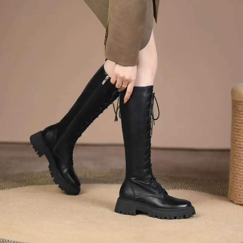 MORAZORA Plus Size 34-43 New Genuine Leather Boots Women Zip Fashion Knee High Boots Thick Fur Winter Warm Motorcycle Boots