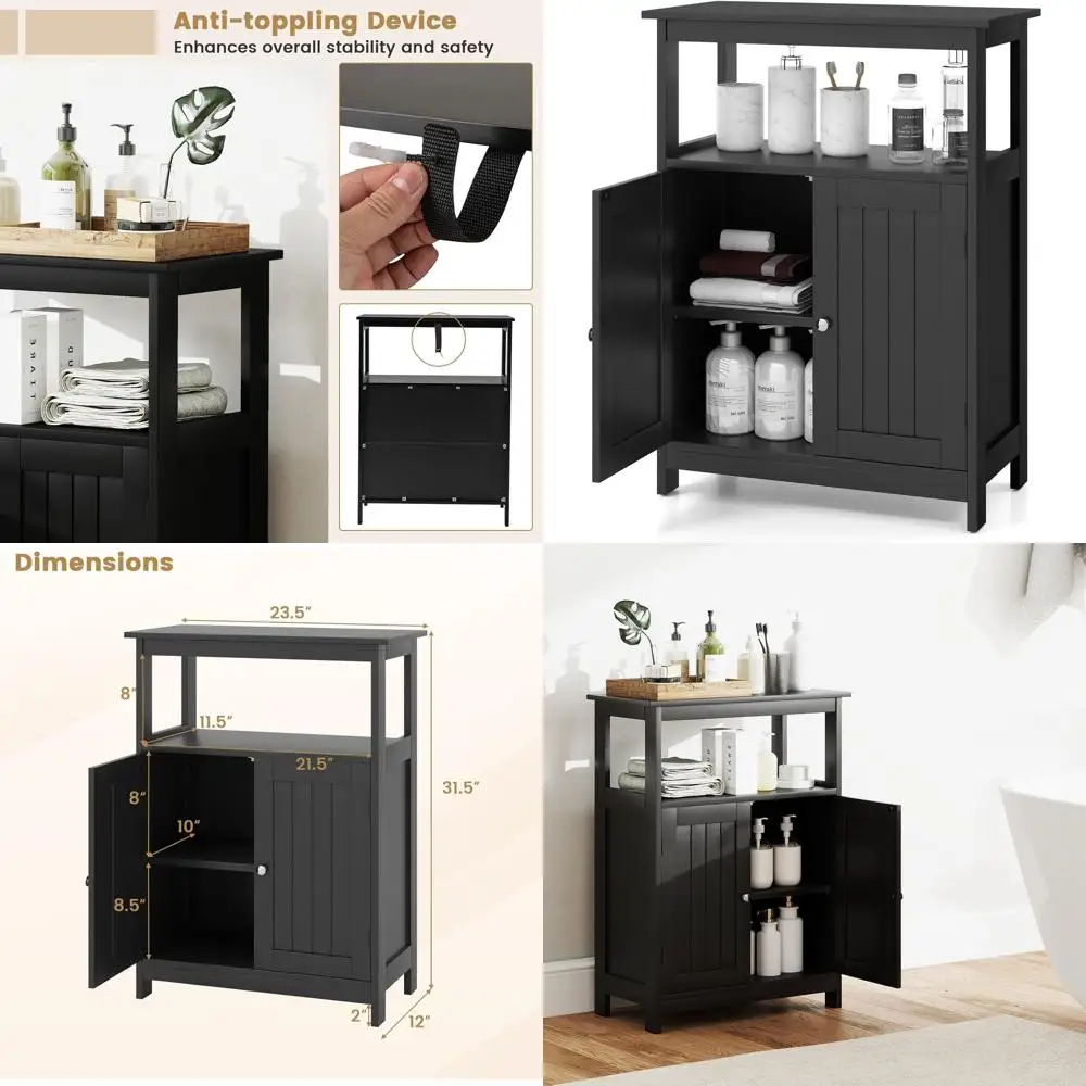 

Freestanding Floor Organizer with 2 Doors & 1 Adjustable Shelf: Black Storage Cabinet for Home Bathroom, Living Room, Entryway,