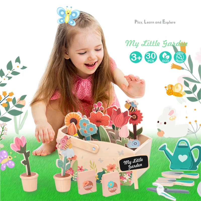 Crianças simulação brinquedo flor jardim brinquedo playset, crianças brinquedos de madeira ao ar livre conjunto grandes presentes para meninas meninos