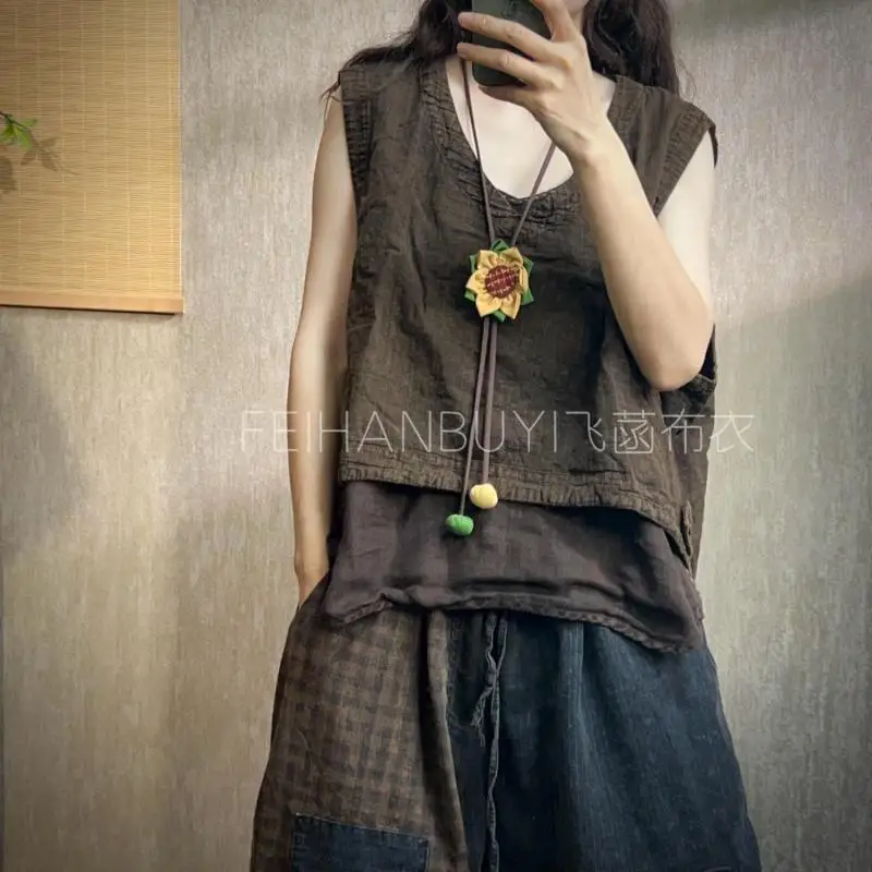 

Summer Arts Style Women Sleeveless V-neck Tank Tops High Quality Cotton Linen Asymmetrical Vintage Femme Tank Top Quality F816