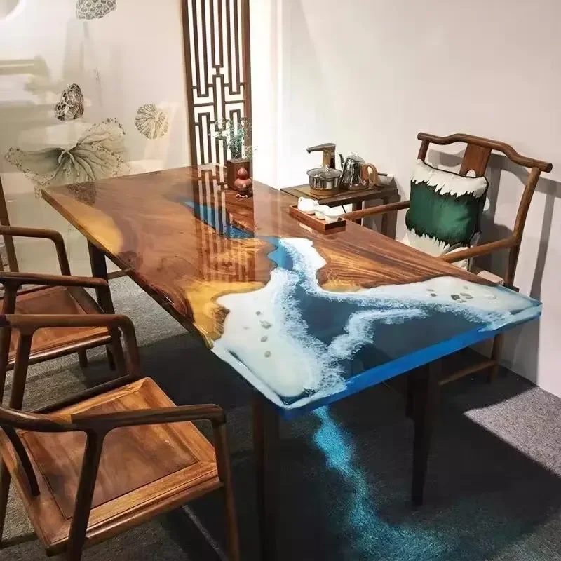 New Factory Special Modern Custom Ocean Long Solid Top Walnut High End Design Wood Dining River Resin Epoxy Table