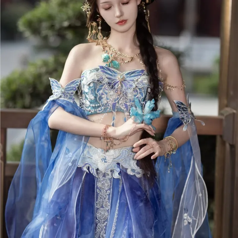 Exotic stand cut embroidery Chebule waist length streamer trouser skirt feathered cuff dress 2025 National style design clothing
