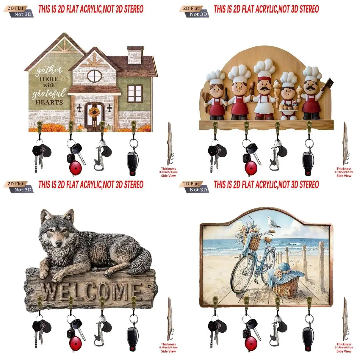House Shaped Wooden Key Holder with 4 Hooks Farmhouse Style Wall Mount Key Rack Home Entryway Wall Decor