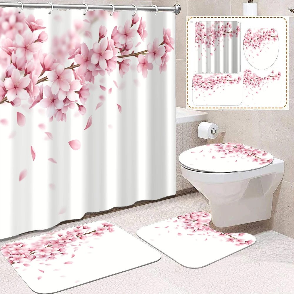 

Водонепроницаемая занавеска для душа с принтом розового вишни, 4 предмета, с 12 крючками и ковриком для ванной комнаты