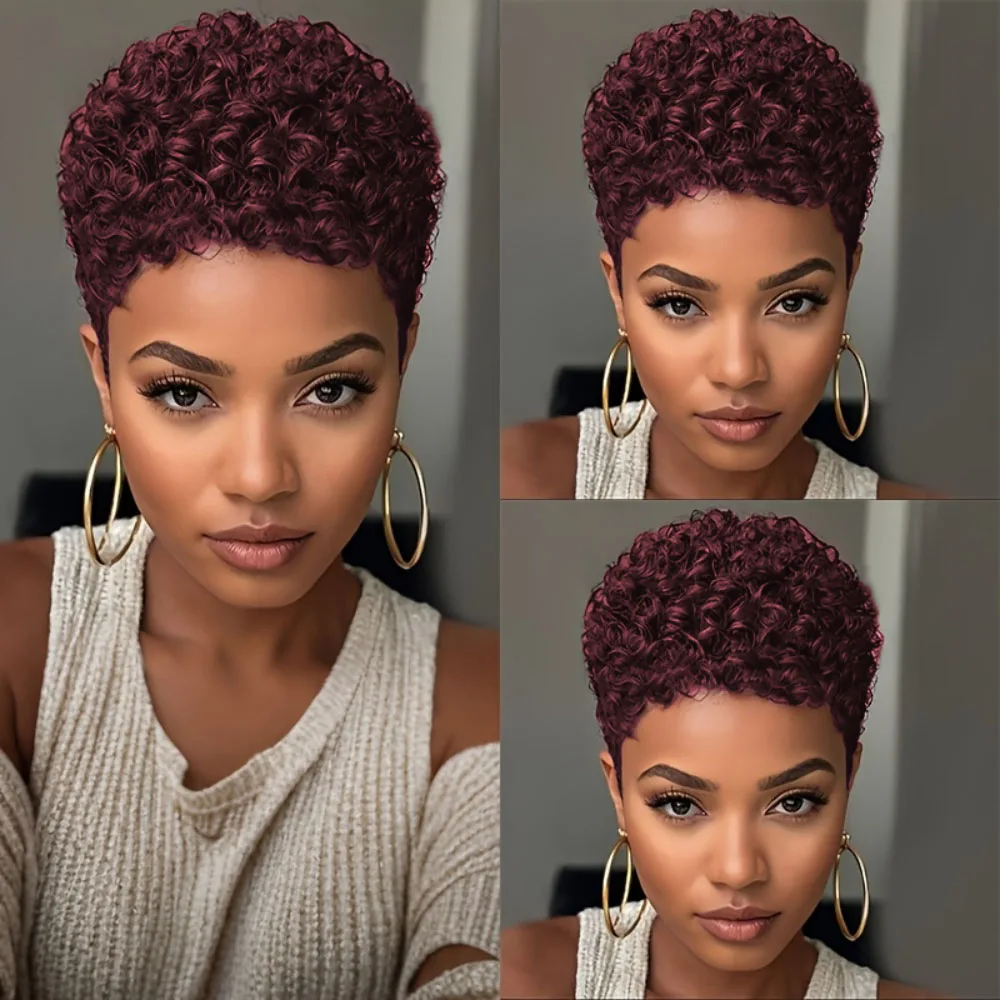 ความหนาแน่น 150% 4 นิ้วเต็มรูปแบบทําวิกผมสั้น Afro Curly วิกผมผมมนุษย์ Afro วิกผมสั้นสําหรับผู้หญิง Pixie ตัดวิกผมผมมนุษย์