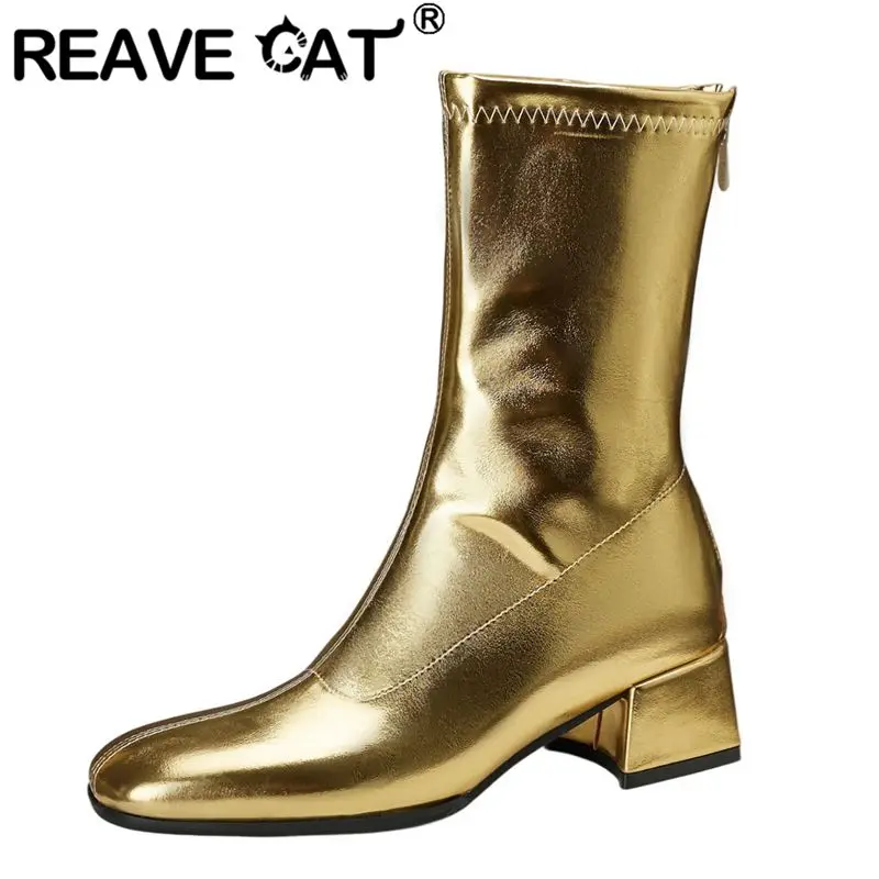 

REAVE CAT 2025 New Style Women's Mid Calf Boots Round Toe Block Heels 4.5cm Zipper Big Sizes 44 45 46 Glossy Dating Bota
