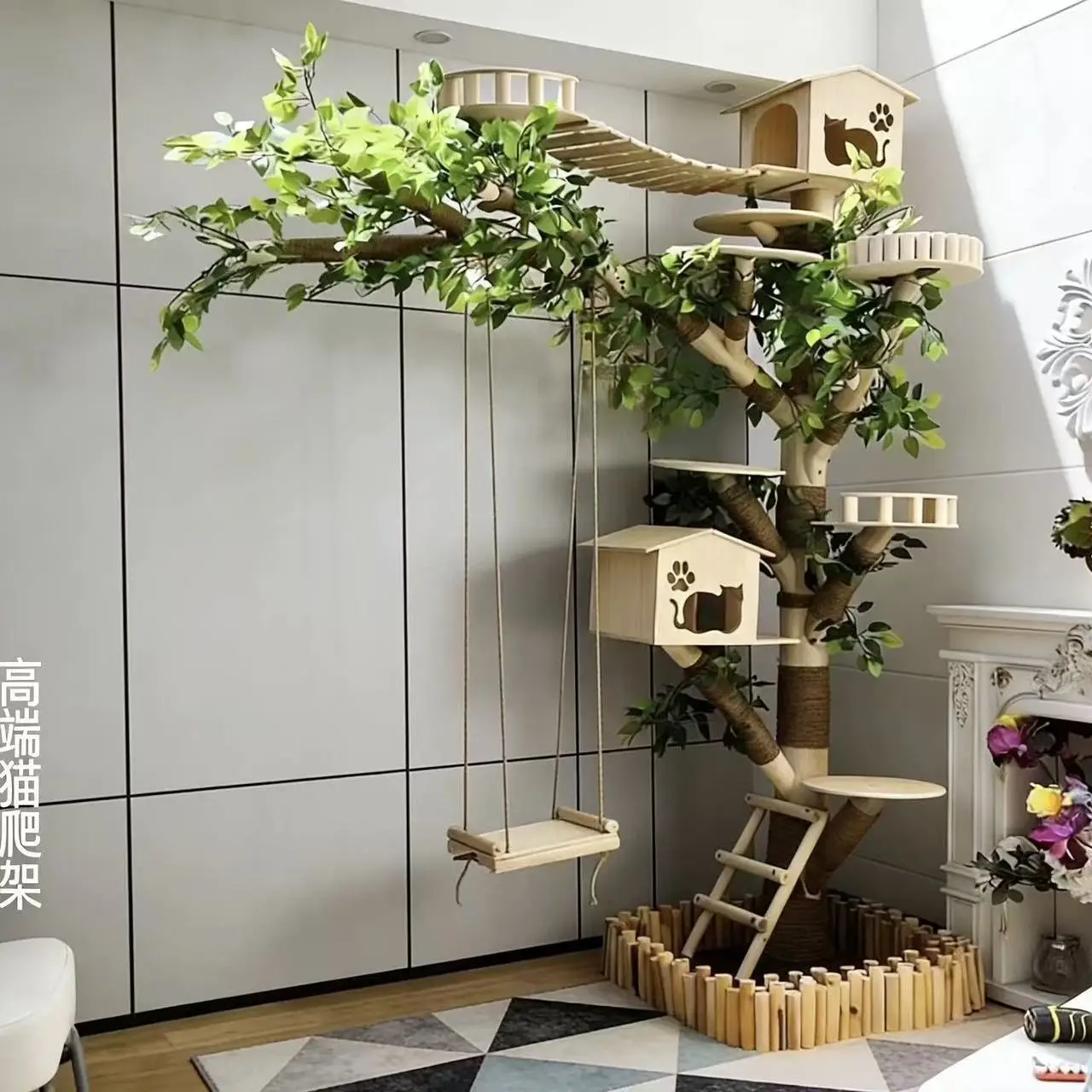 Large cat tree cat climbing frame, integrated solid wood real trunk, wear-resistant and non-sticky pet jump platform