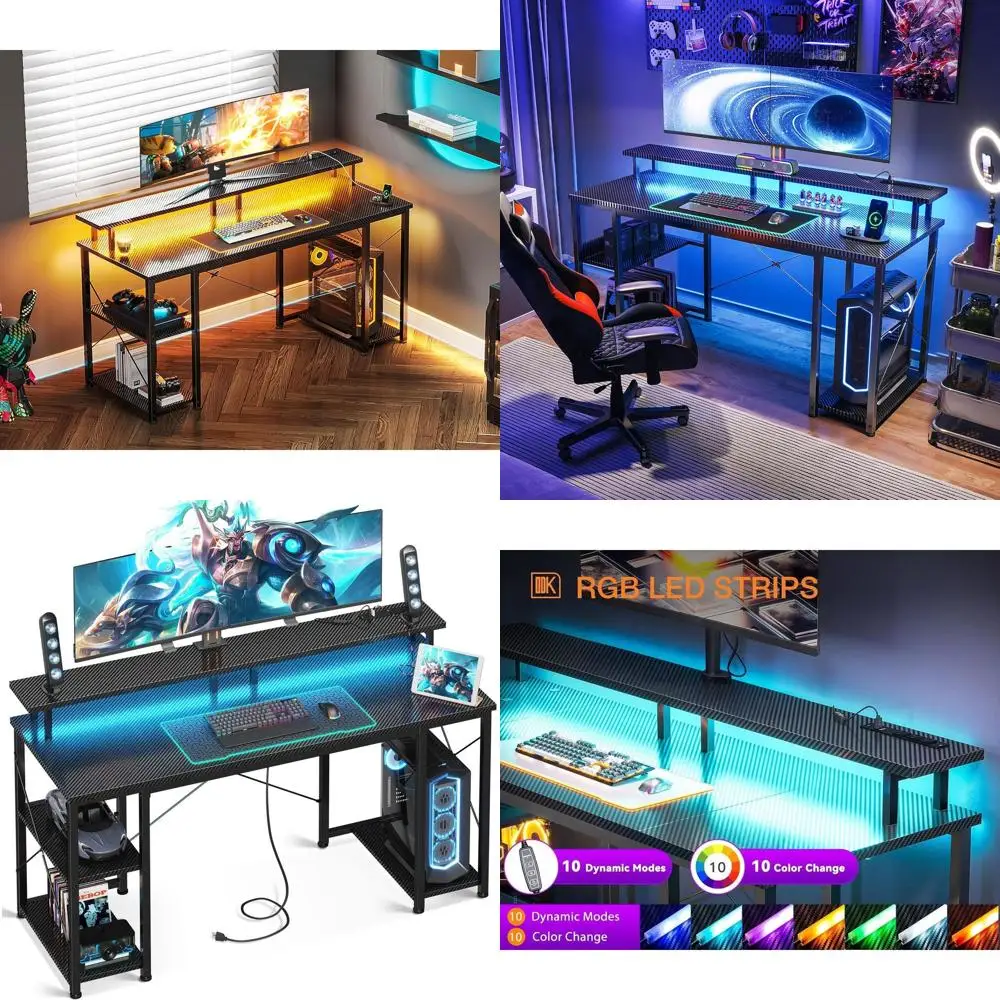 

Игровой стол из углеродного волокна 55 со светодиодной подсветкой, подставкой для монитора и розетками для хранения домашнего офиса